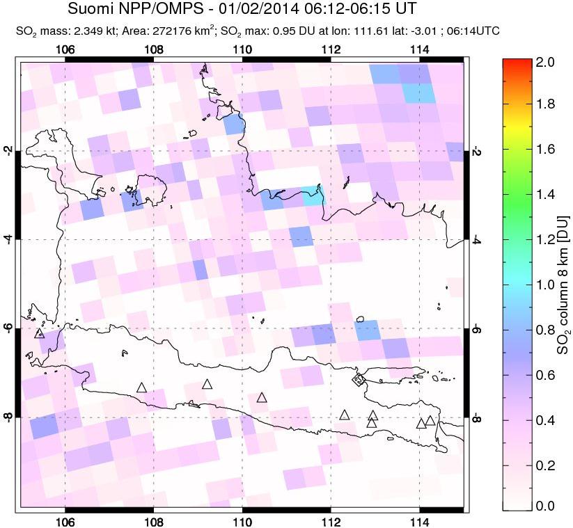 A sulfur dioxide image over Java, Indonesia on Jan 02, 2014.