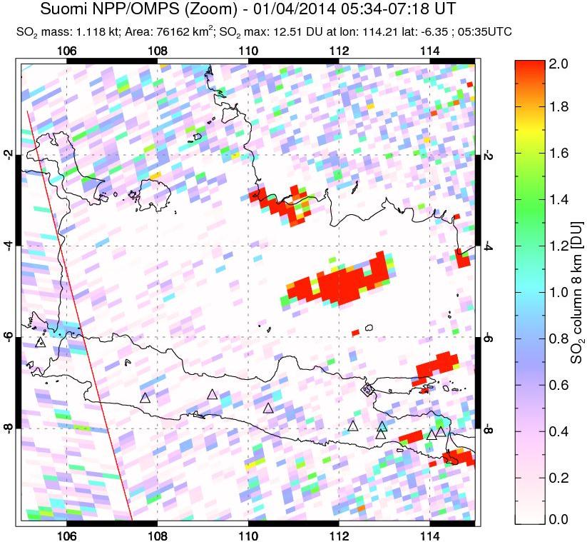 A sulfur dioxide image over Java, Indonesia on Jan 04, 2014.