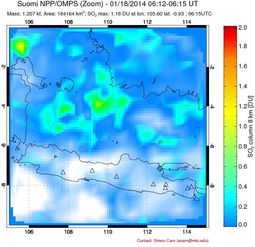 A sulfur dioxide image over Java, Indonesia on Jan 18, 2014.