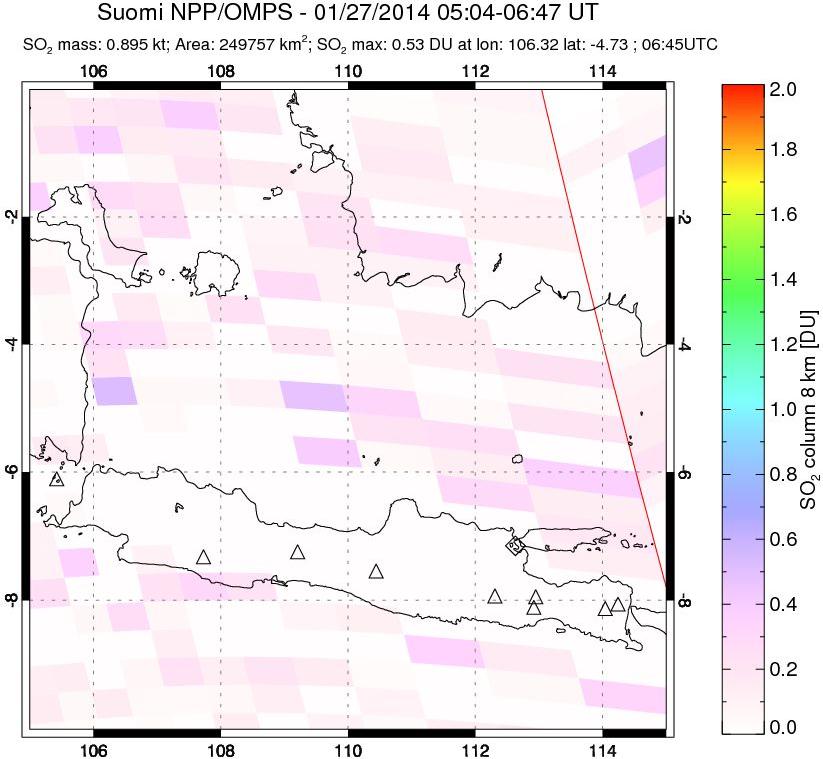 A sulfur dioxide image over Java, Indonesia on Jan 27, 2014.