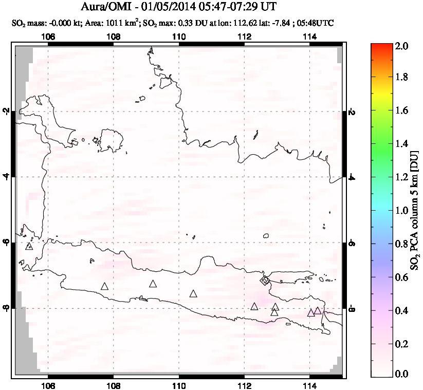 A sulfur dioxide image over Java, Indonesia on Jan 05, 2014.