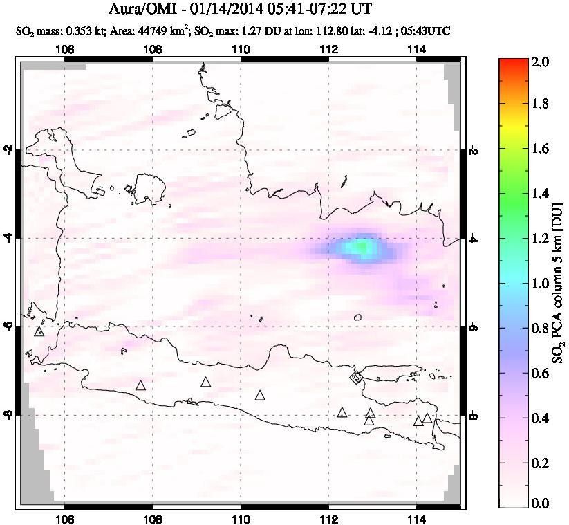 A sulfur dioxide image over Java, Indonesia on Jan 14, 2014.