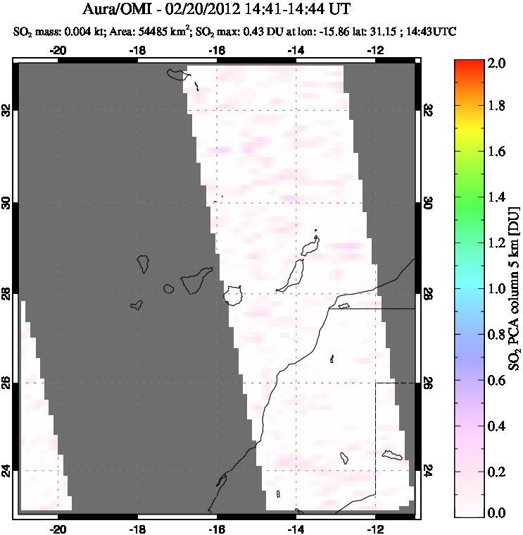 A sulfur dioxide image over Canary Islands on Feb 20, 2012.