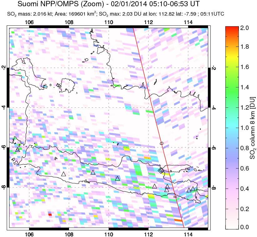 A sulfur dioxide image over Java, Indonesia on Feb 01, 2014.