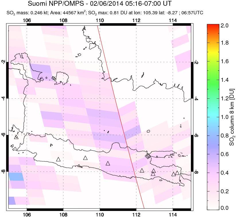 A sulfur dioxide image over Java, Indonesia on Feb 06, 2014.