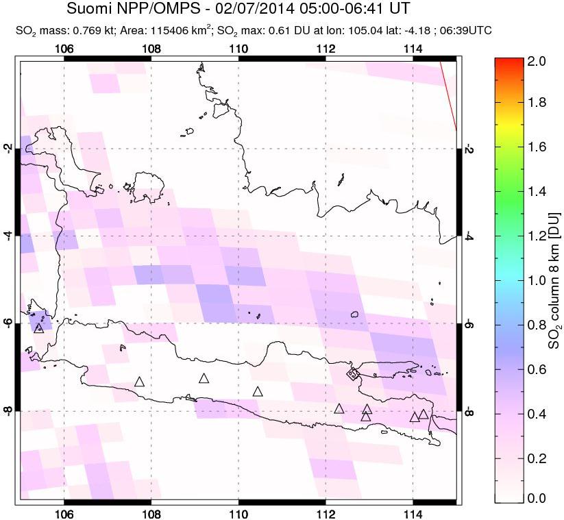 A sulfur dioxide image over Java, Indonesia on Feb 07, 2014.