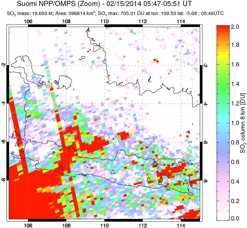 A sulfur dioxide image over Java, Indonesia on Feb 15, 2014.