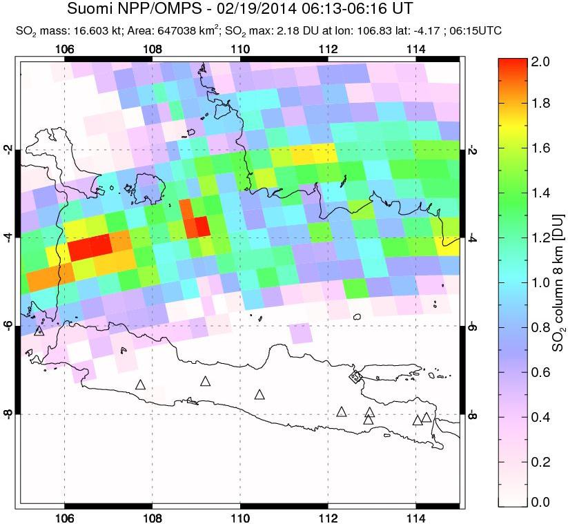 A sulfur dioxide image over Java, Indonesia on Feb 19, 2014.
