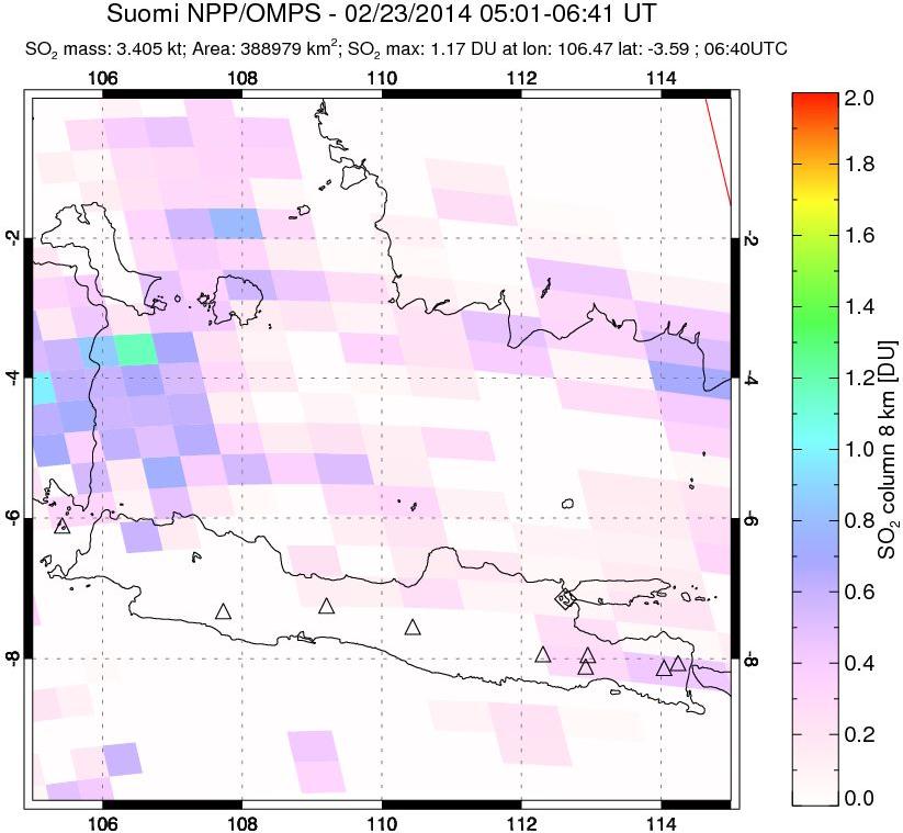 A sulfur dioxide image over Java, Indonesia on Feb 23, 2014.