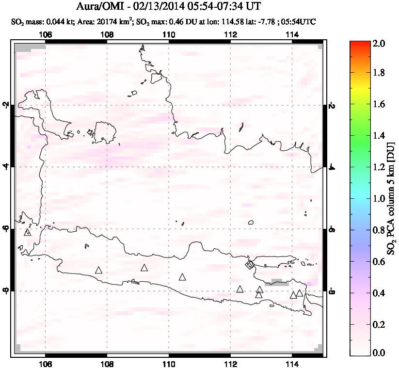 A sulfur dioxide image over Java, Indonesia on Feb 13, 2014.