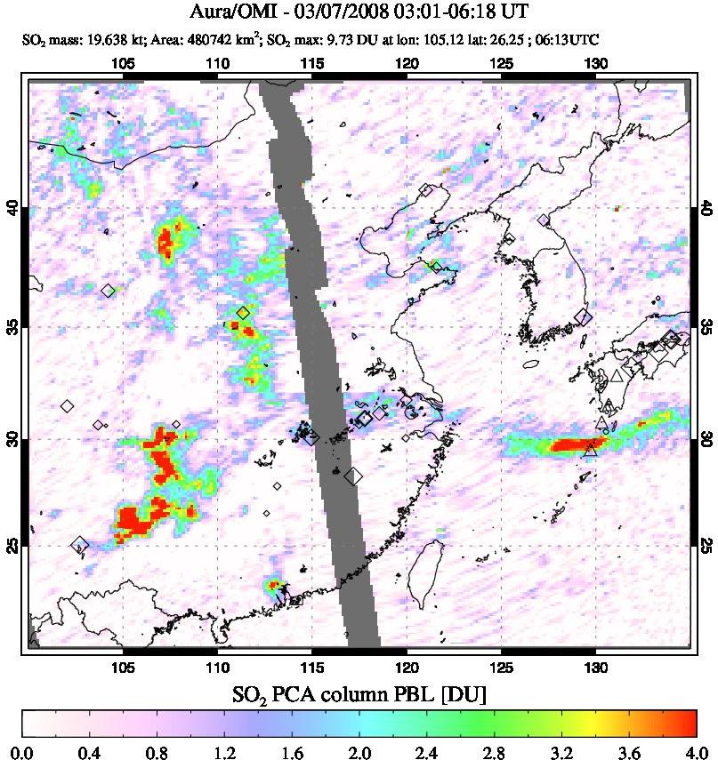 A sulfur dioxide image over Eastern China on Mar 07, 2008.
