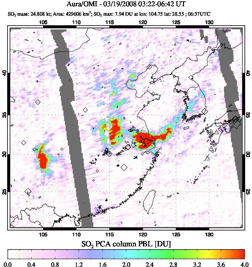 A sulfur dioxide image over Eastern China on Mar 19, 2008.