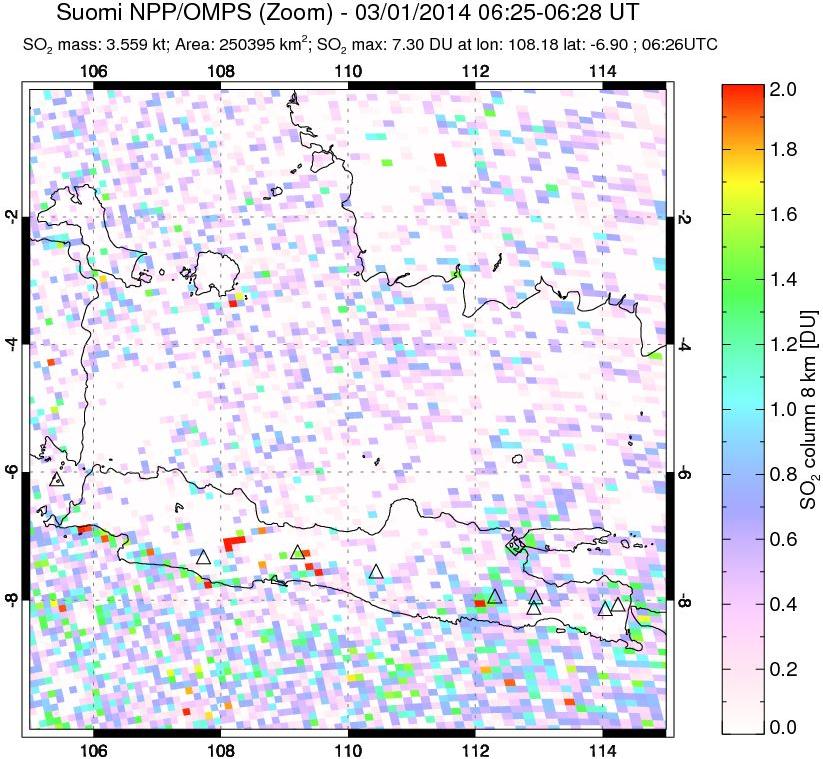 A sulfur dioxide image over Java, Indonesia on Mar 01, 2014.