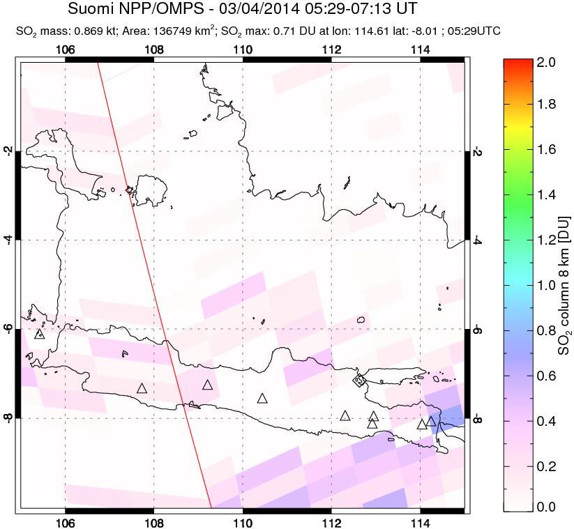 A sulfur dioxide image over Java, Indonesia on Mar 04, 2014.
