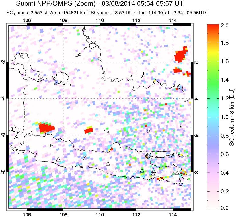 A sulfur dioxide image over Java, Indonesia on Mar 08, 2014.
