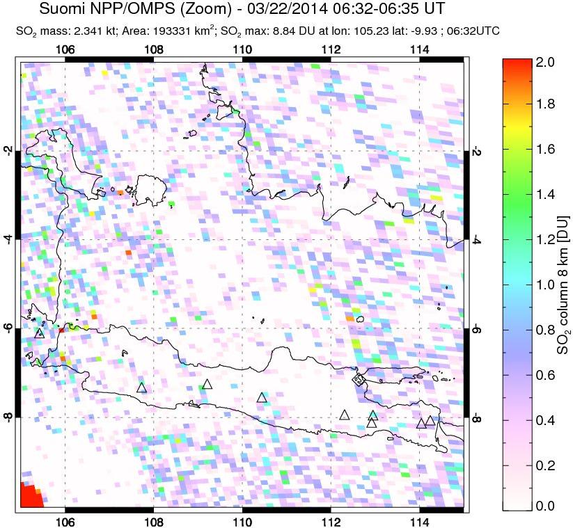 A sulfur dioxide image over Java, Indonesia on Mar 22, 2014.