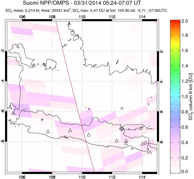 A sulfur dioxide image over Java, Indonesia on Mar 31, 2014.