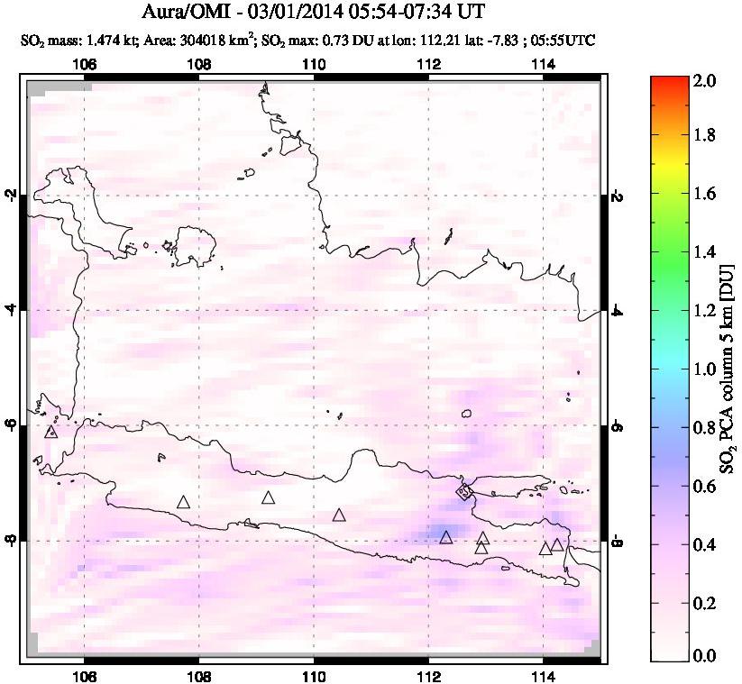 A sulfur dioxide image over Java, Indonesia on Mar 01, 2014.