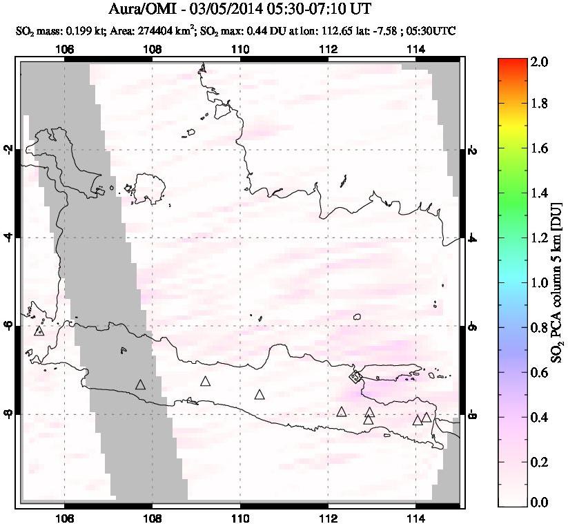 A sulfur dioxide image over Java, Indonesia on Mar 05, 2014.