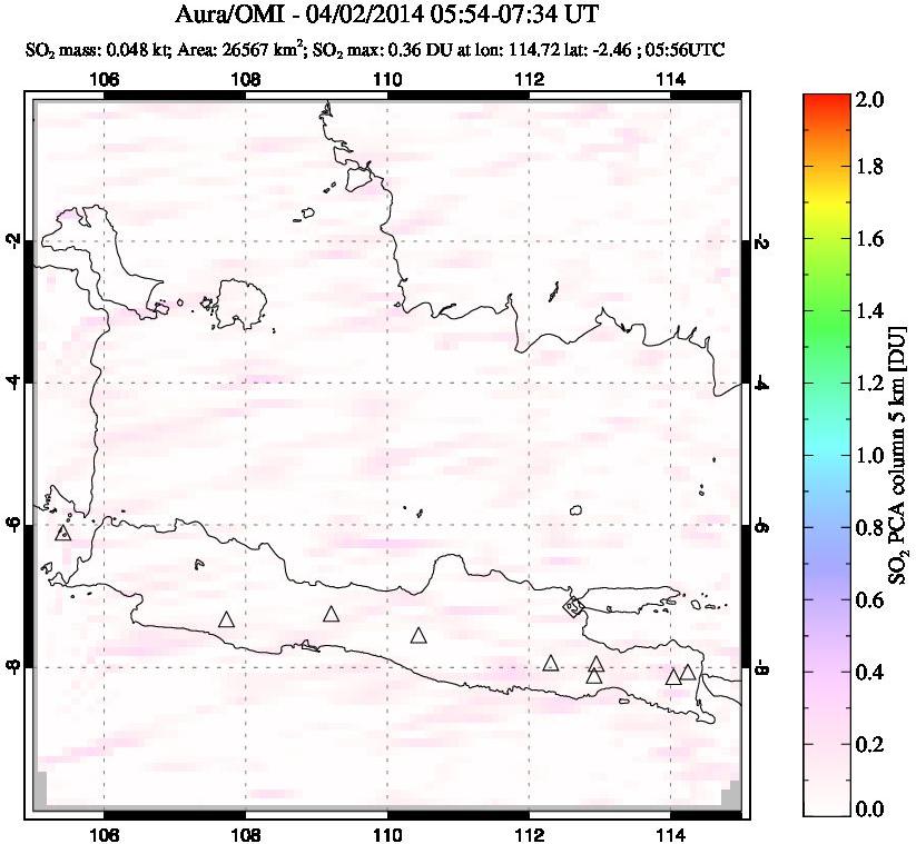 A sulfur dioxide image over Java, Indonesia on Apr 02, 2014.