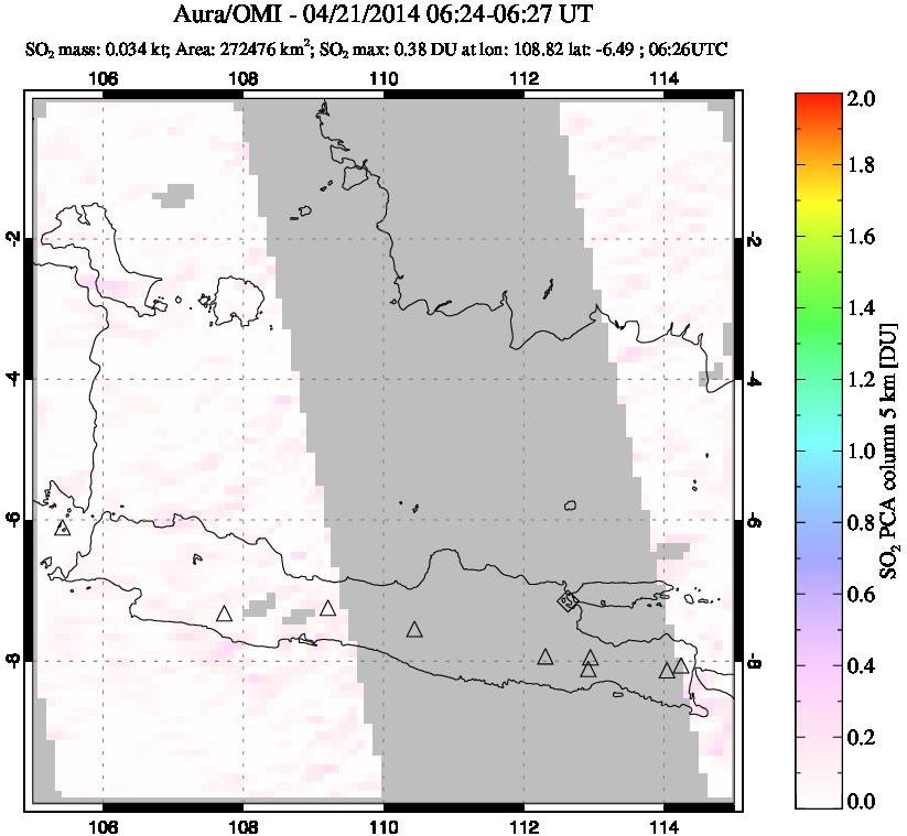 A sulfur dioxide image over Java, Indonesia on Apr 21, 2014.