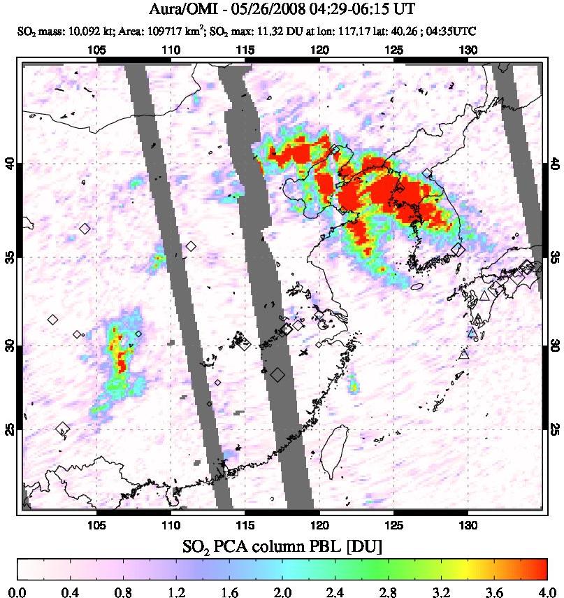 A sulfur dioxide image over Eastern China on May 26, 2008.