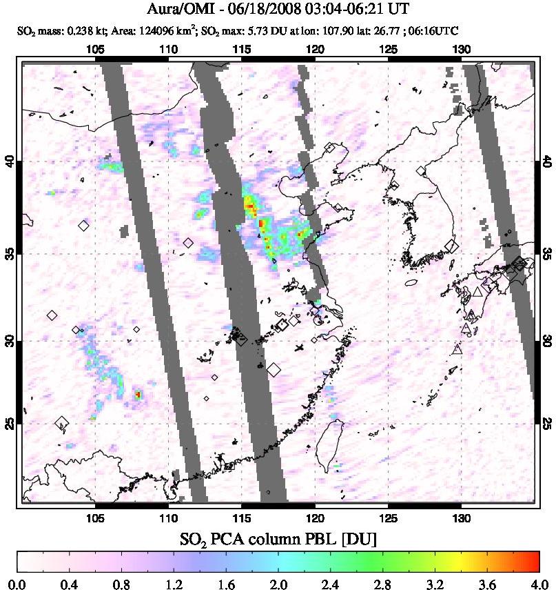 A sulfur dioxide image over Eastern China on Jun 18, 2008.
