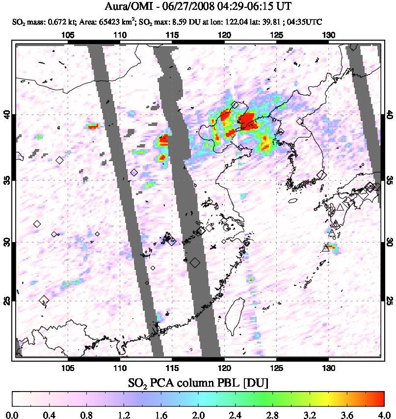 A sulfur dioxide image over Eastern China on Jun 27, 2008.