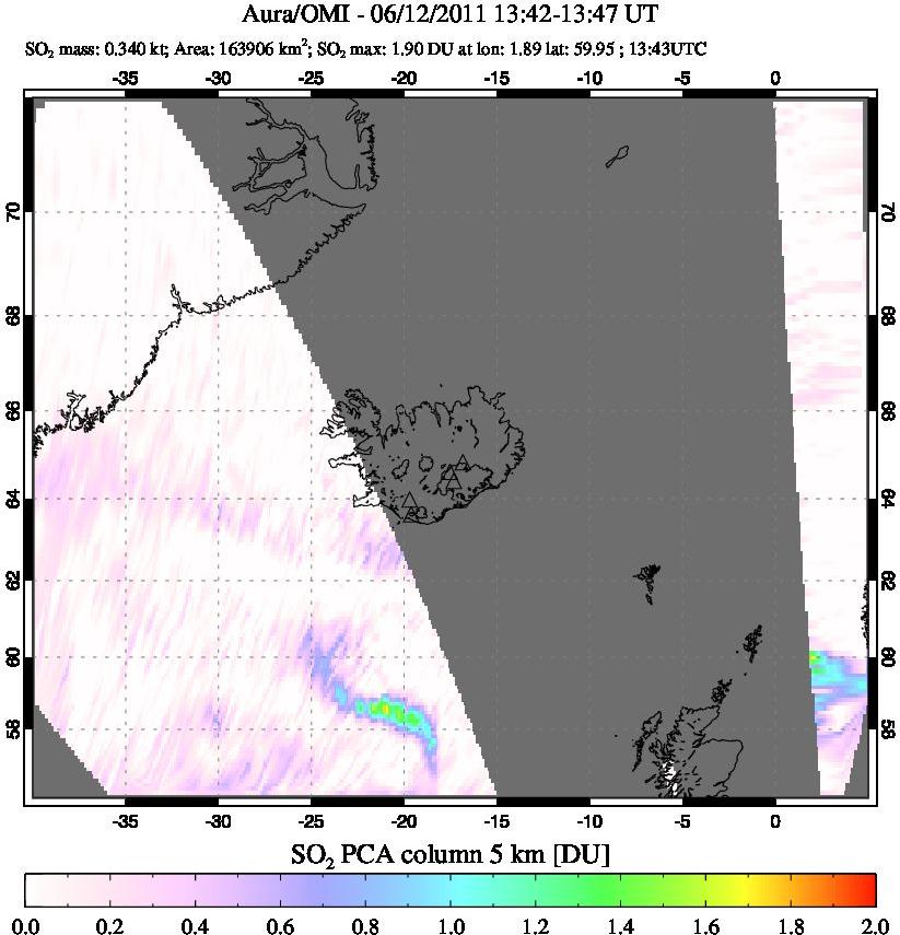 A sulfur dioxide image over Iceland on Jun 12, 2011.