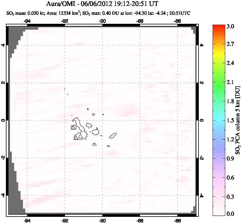 A sulfur dioxide image over Galápagos Islands on Jun 06, 2012.