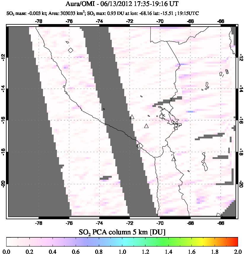 A sulfur dioxide image over Peru on Jun 13, 2012.