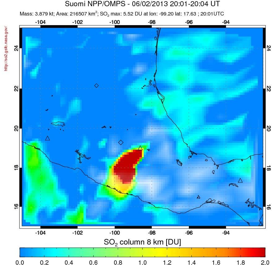 A sulfur dioxide image over Mexico on Jun 02, 2013.