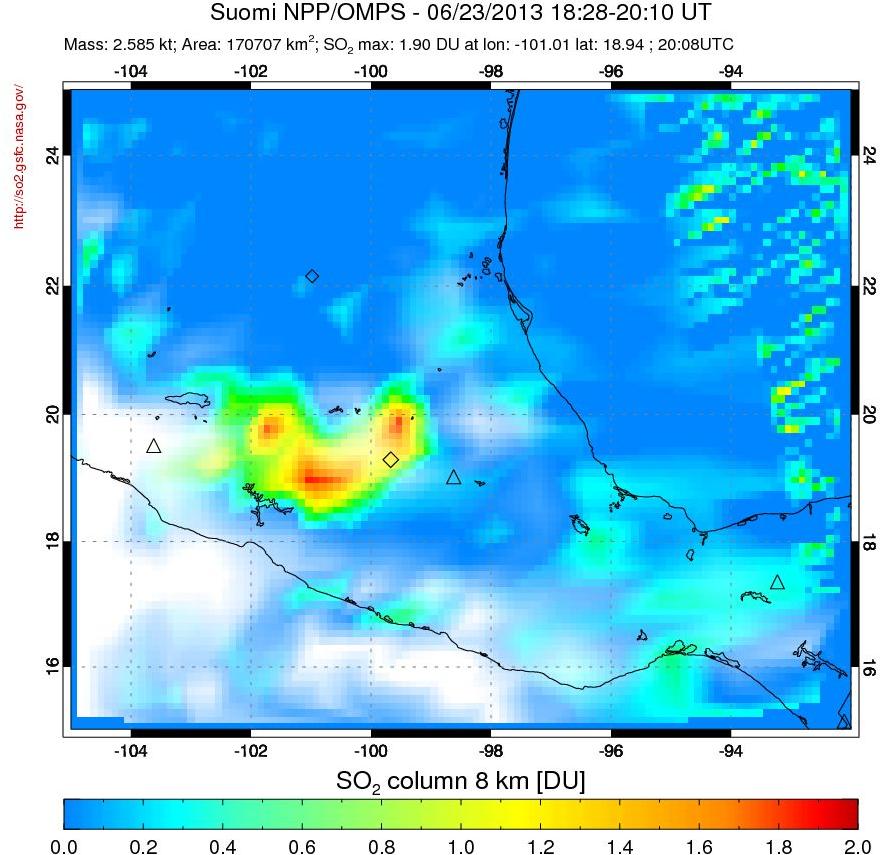 A sulfur dioxide image over Mexico on Jun 23, 2013.