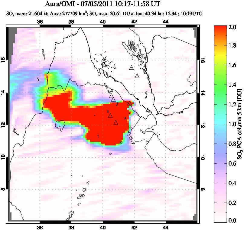 A sulfur dioxide image over Afar and southern Red Sea on Jul 05, 2011.