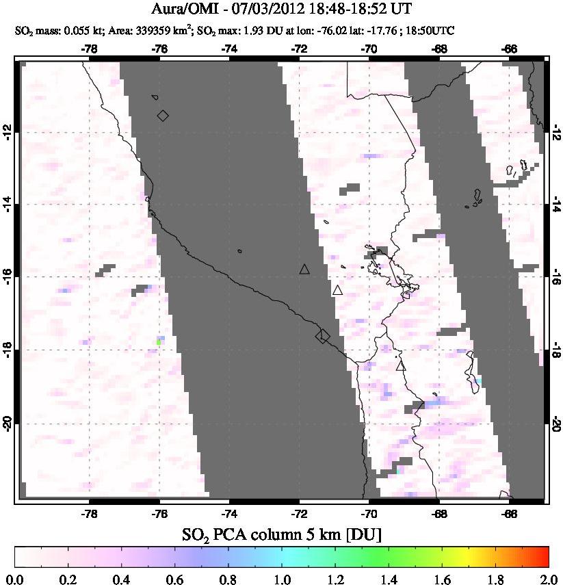 A sulfur dioxide image over Peru on Jul 03, 2012.