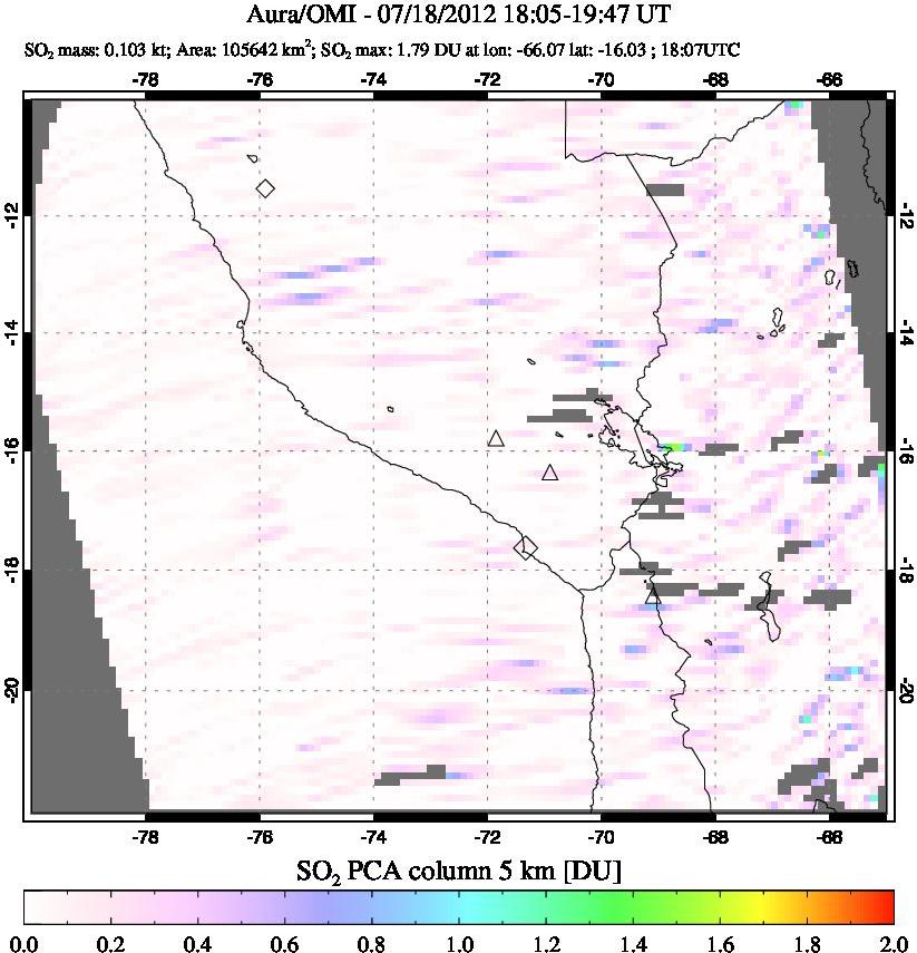 A sulfur dioxide image over Peru on Jul 18, 2012.