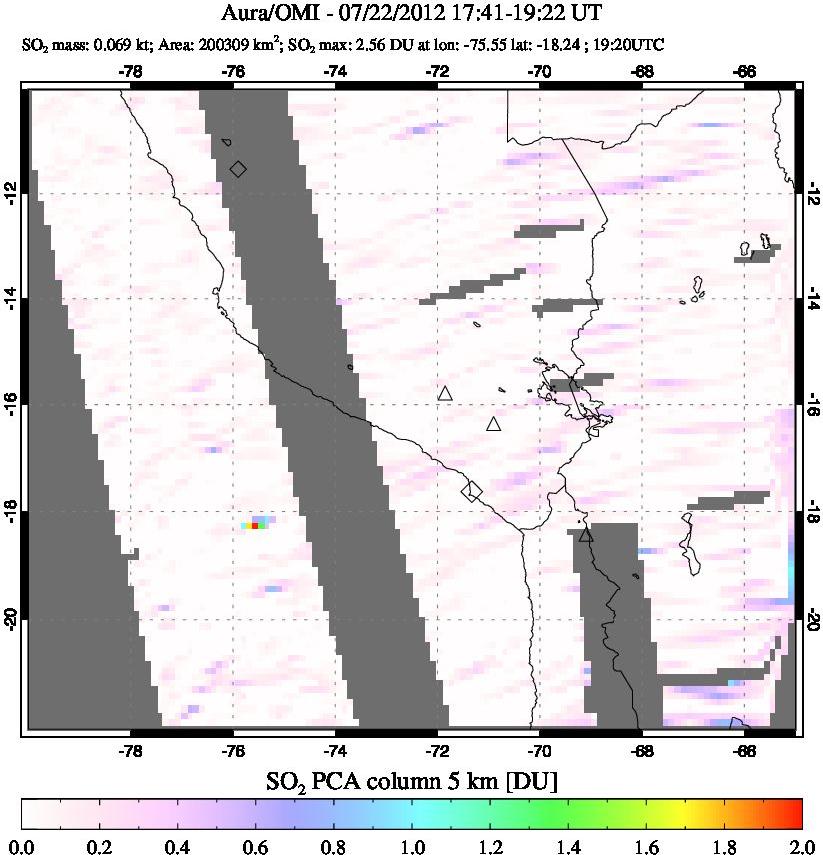 A sulfur dioxide image over Peru on Jul 22, 2012.
