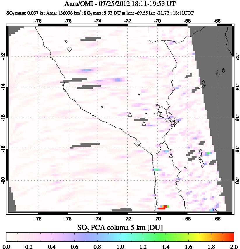 A sulfur dioxide image over Peru on Jul 25, 2012.