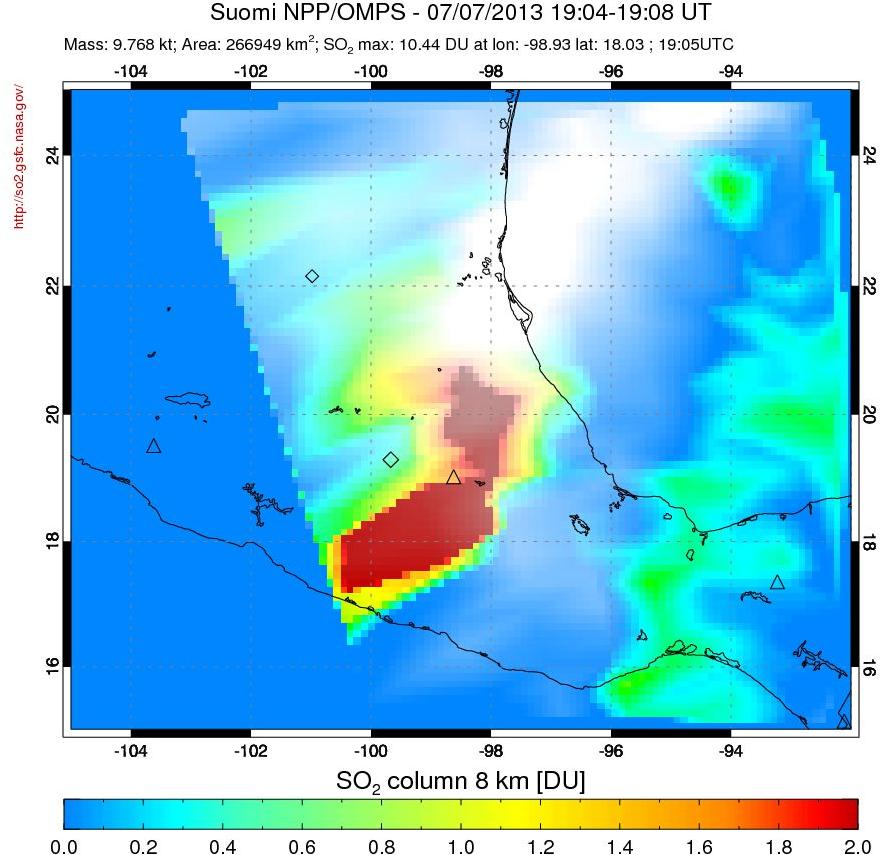 A sulfur dioxide image over Mexico on Jul 07, 2013.