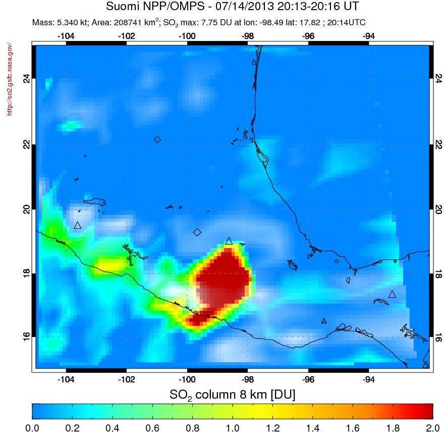 A sulfur dioxide image over Mexico on Jul 14, 2013.