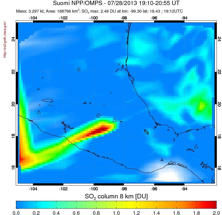 A sulfur dioxide image over Mexico on Jul 28, 2013.