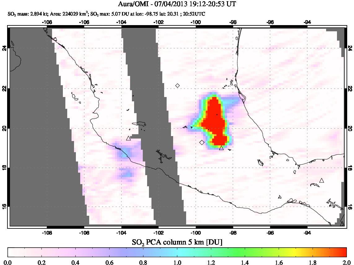 A sulfur dioxide image over Mexico on Jul 04, 2013.