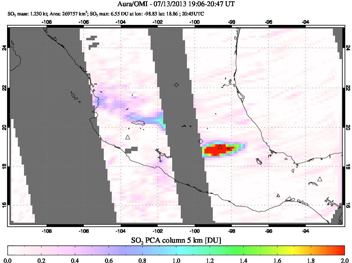A sulfur dioxide image over Mexico on Jul 13, 2013.