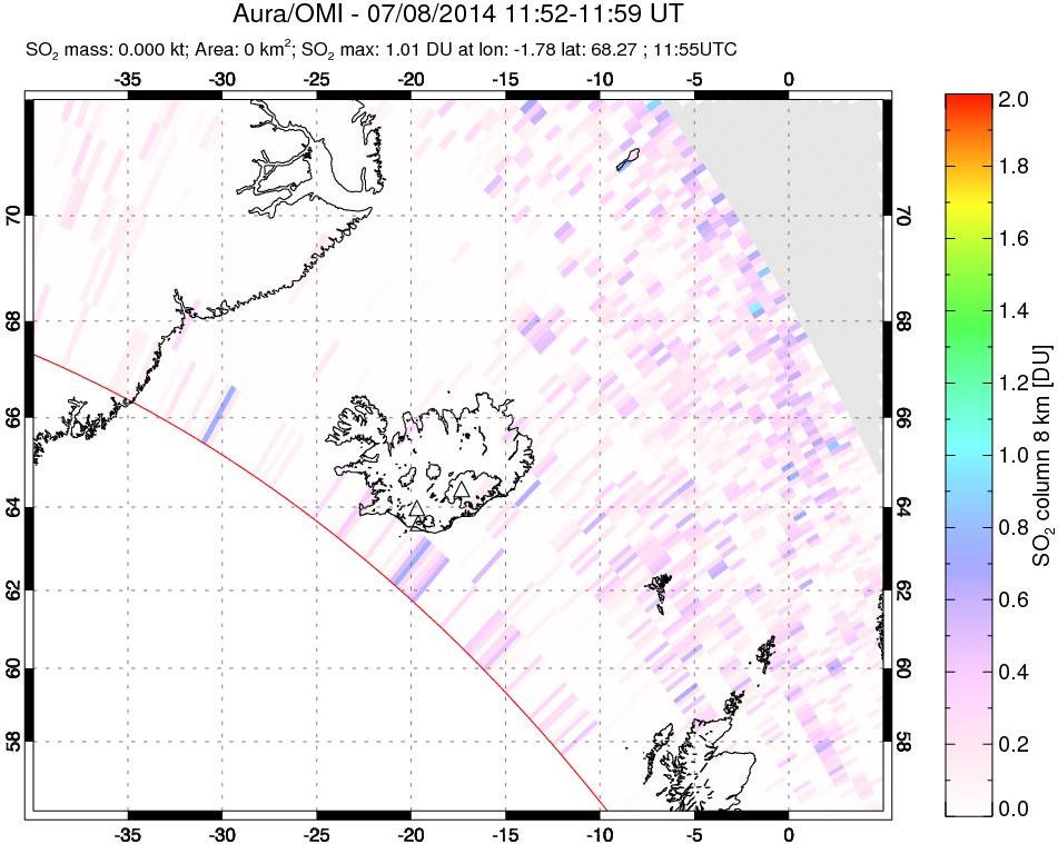 A sulfur dioxide image over Iceland on Jul 08, 2014.