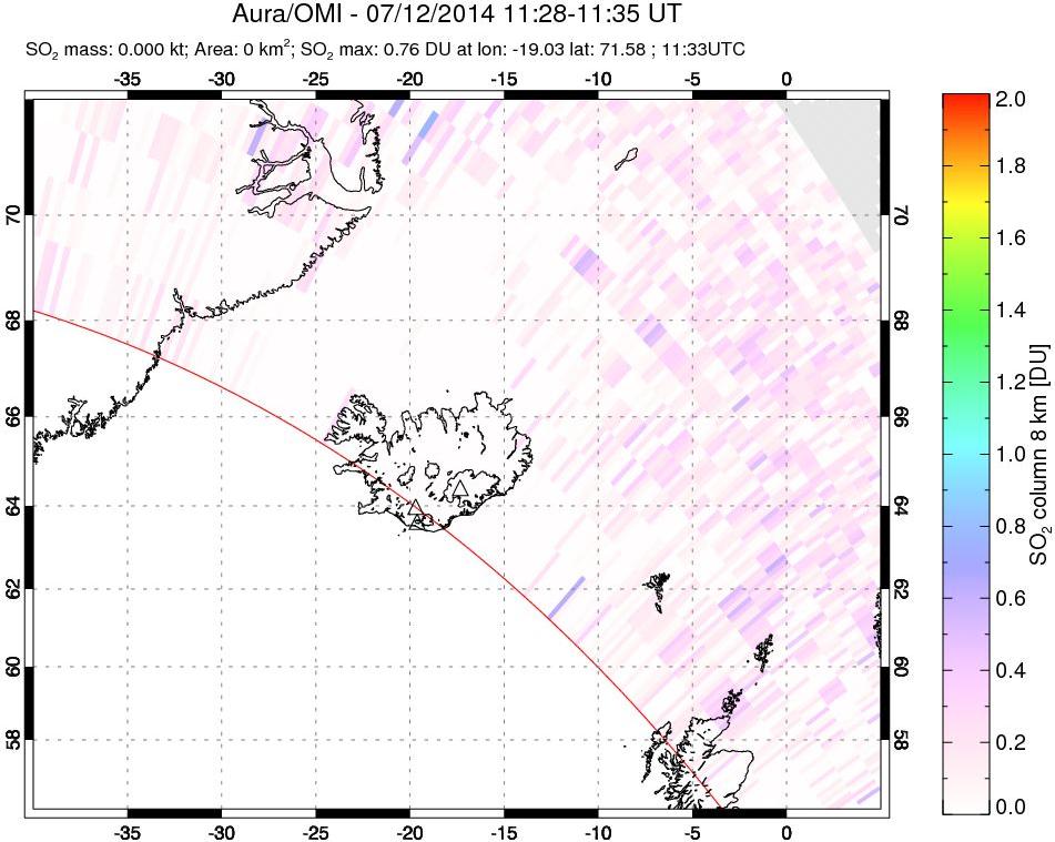 A sulfur dioxide image over Iceland on Jul 12, 2014.