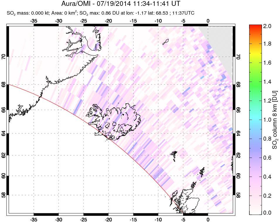 A sulfur dioxide image over Iceland on Jul 19, 2014.