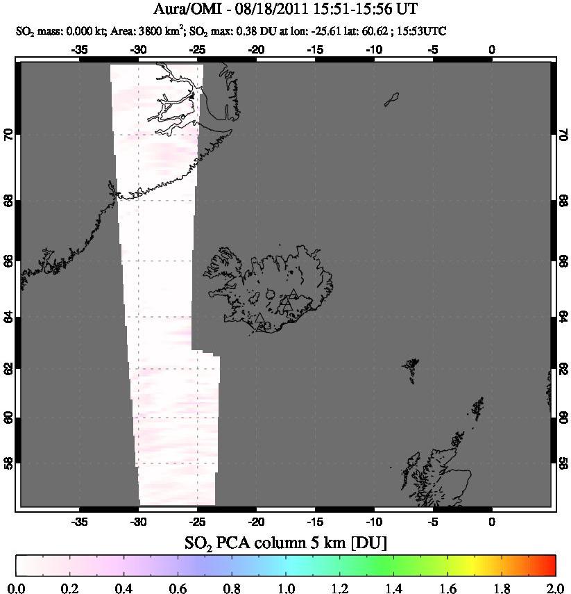A sulfur dioxide image over Iceland on Aug 18, 2011.
