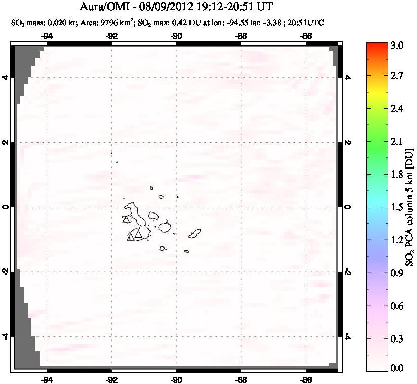 A sulfur dioxide image over Galápagos Islands on Aug 09, 2012.