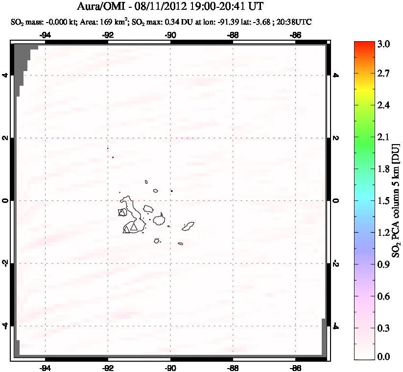 A sulfur dioxide image over Galápagos Islands on Aug 11, 2012.