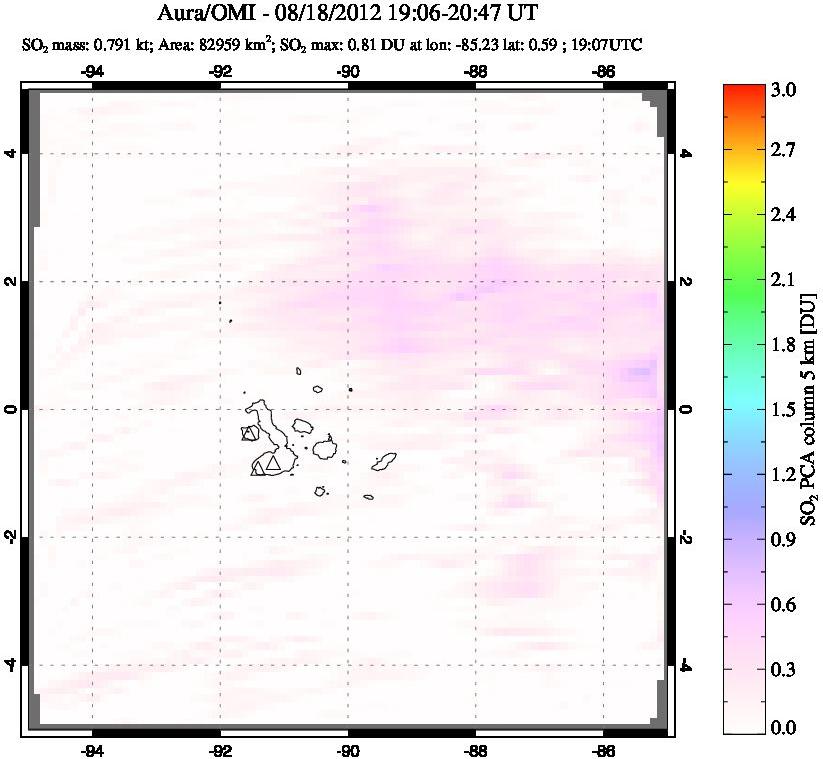A sulfur dioxide image over Galápagos Islands on Aug 18, 2012.